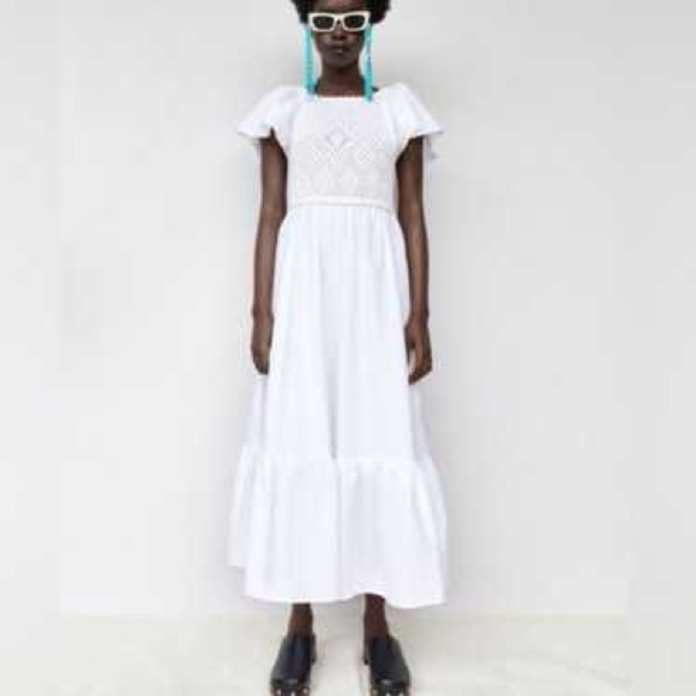 ZARA White Cotton Crochet Open back Midi Dress M